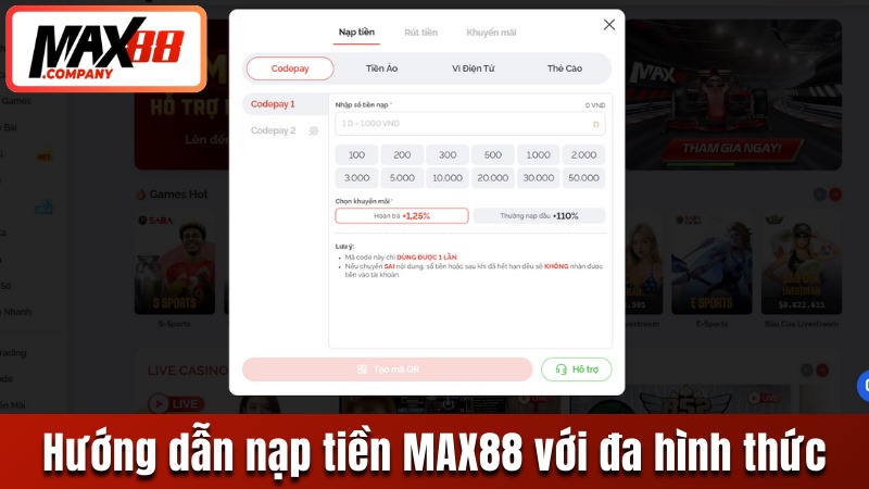 Hướng dẫn cá cược tại MAX88 nạp tiền đa hình thức
